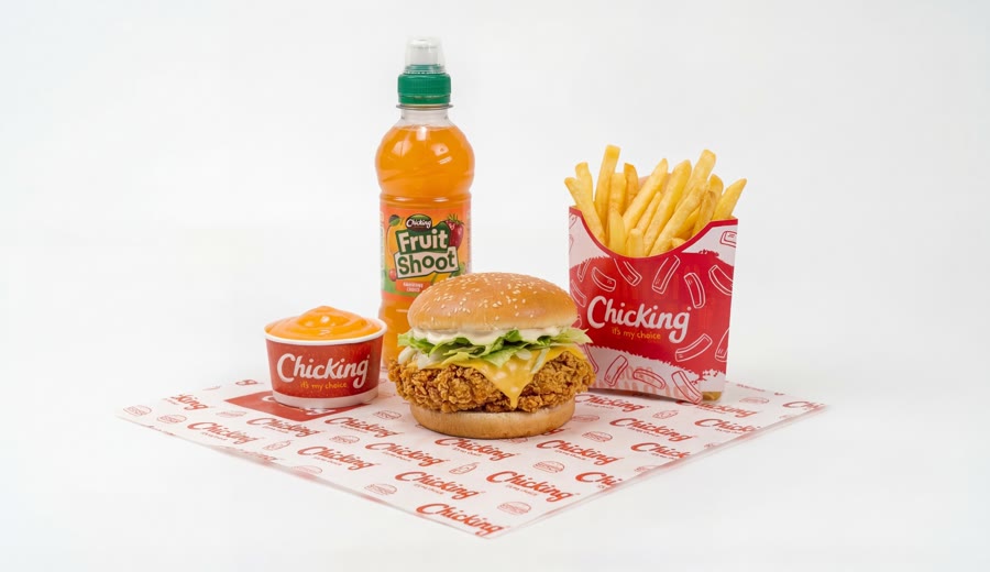 A kids meal with a mini burger, fries and a Fruit Shoot