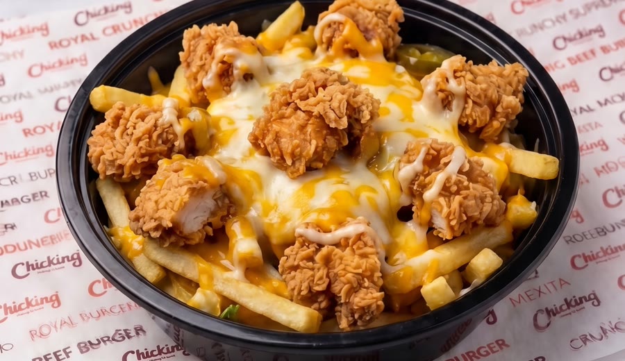 Loaded fries with melted cheese and crispy chicken